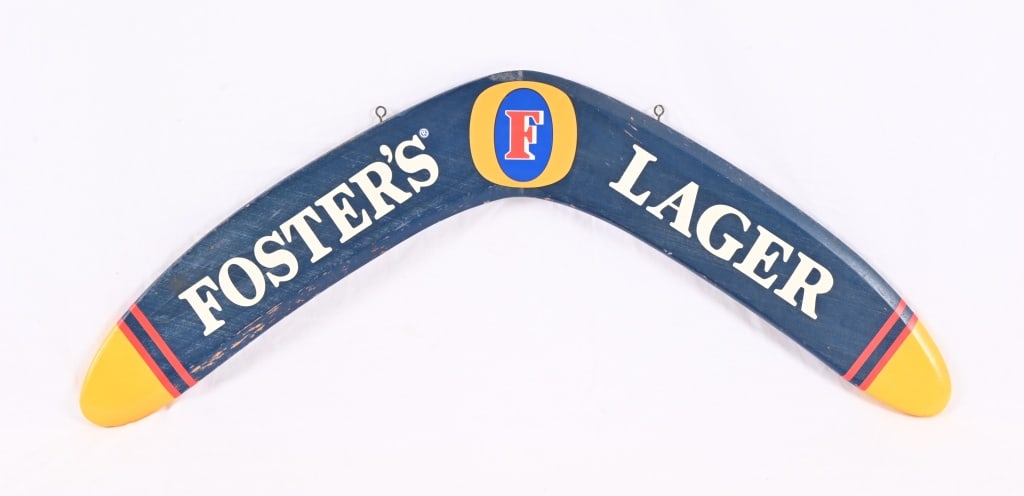 Fosters Beer Advertisement Wood Boomerang: 32" in length.