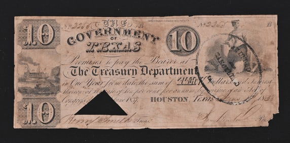 1838 Sam Houston Signed $10 Note Republic of Texas