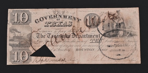 1837 Mirabeau Lamar $10 Note Republic of Texas