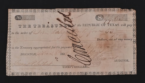 1838 Lubbock Signed Republic of Texas Treasury Note