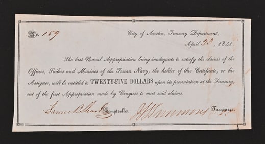 1841 Texian Navy Treasurer Note, Robert Gillespie