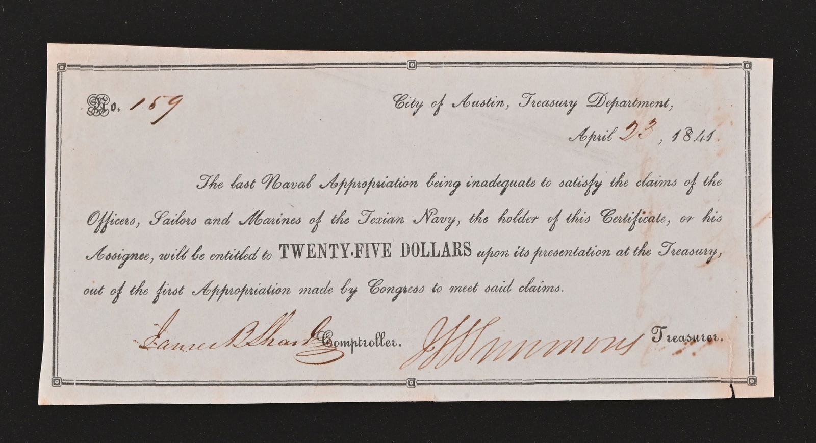 1841 Texian Navy Treasurer Note, Robert Gillespie: Dated April 23, 1841. TSHA states: Gillespie, Robert Addison (1815–1846).Robert Addison Gillespie, merchant and soldier, was born on June 12, 1815, in Blount County, Tennessee, the son of Robert and