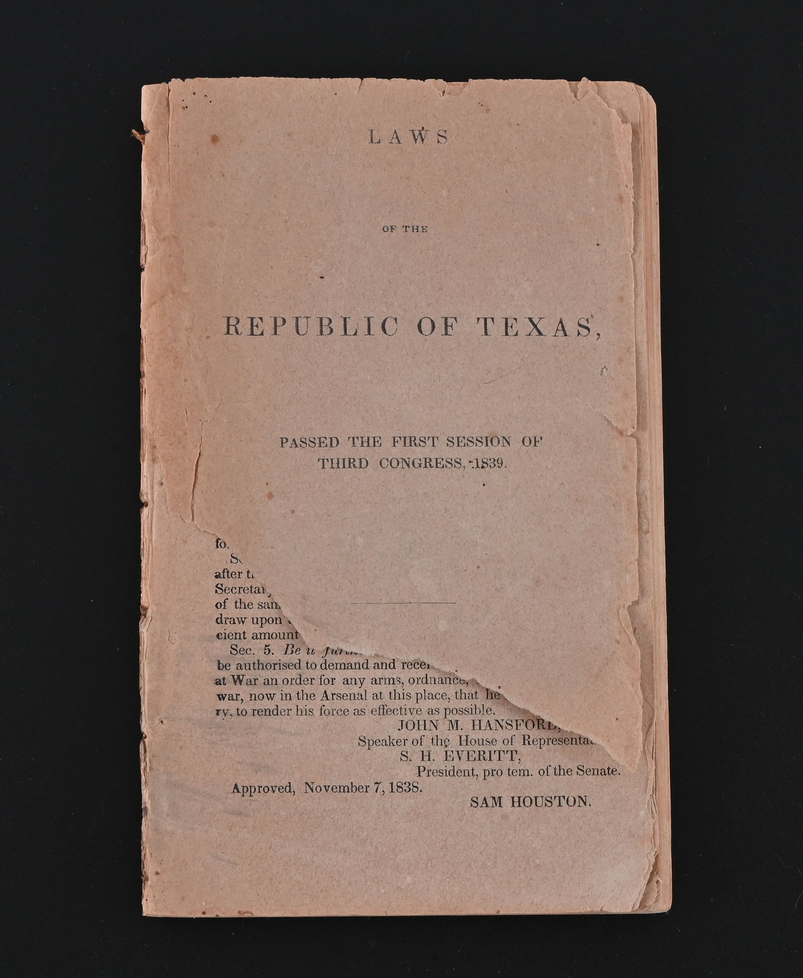 1839 Laws of the Republic of Texas: Laws of the Republic of Texas, Passed the First Session of Third Congress, 1839. Some loss.