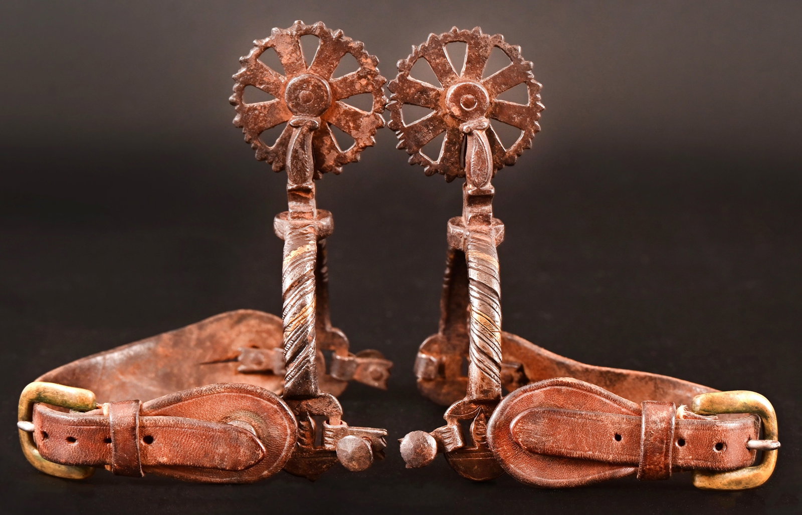 Spanish Colonial Spurs: Engraved and inlaid with brass, 2" wheel rowels
