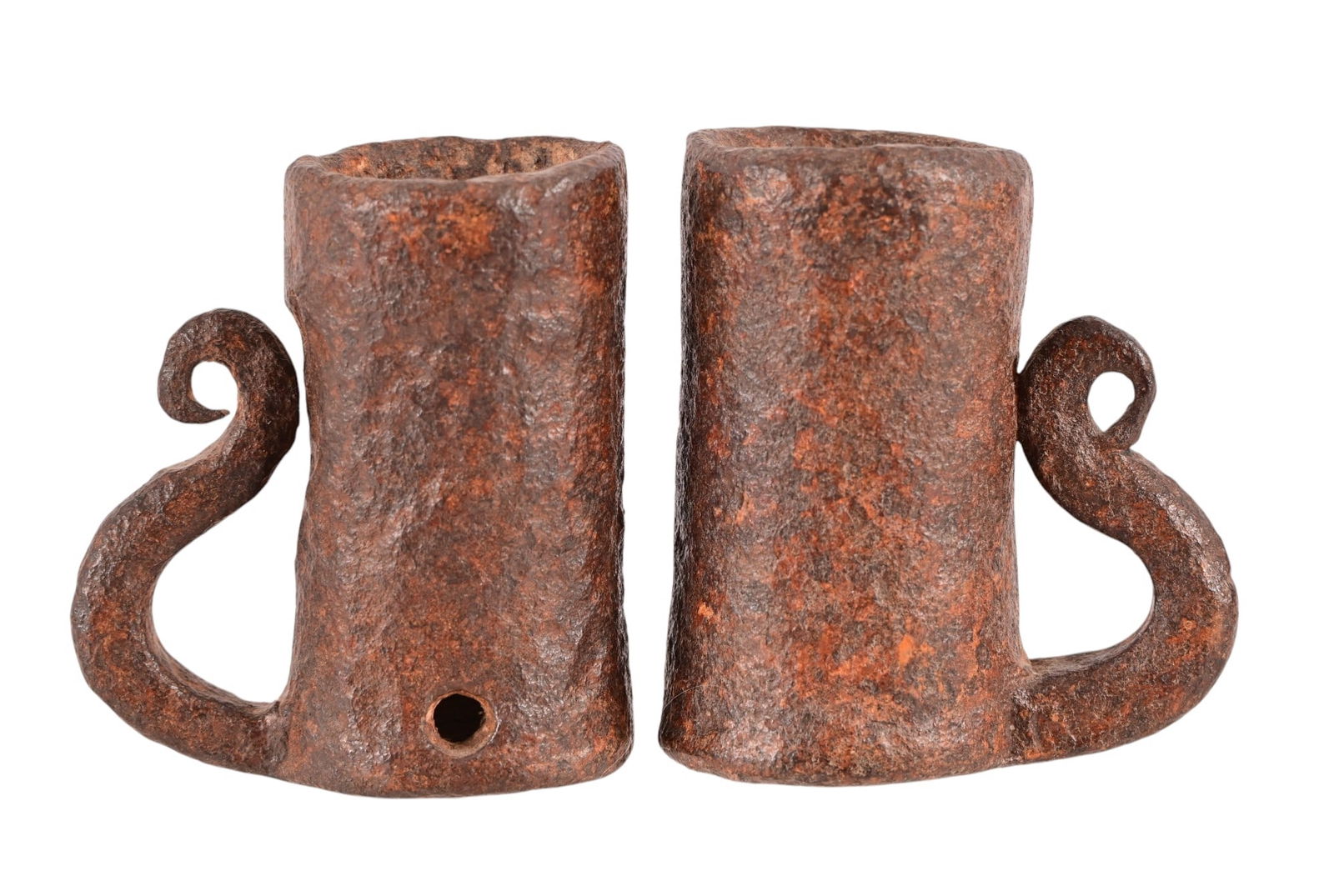 (2) Spanish Colonial Signal Cannon "Thunder Mug": Two small hand-forged "Thunder Mug" mortar/signal cannons. Both measure approximately 1.75" x 2.75"x 3"