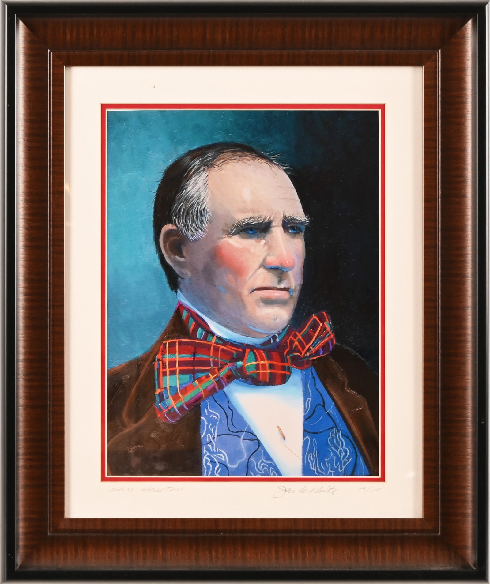 Sam Houston Artist Proof Print by Jack White: Used for the cover of his book "Ten Years in Texas". Frame measures 21x24, portrait view 11.5" x 15.5"