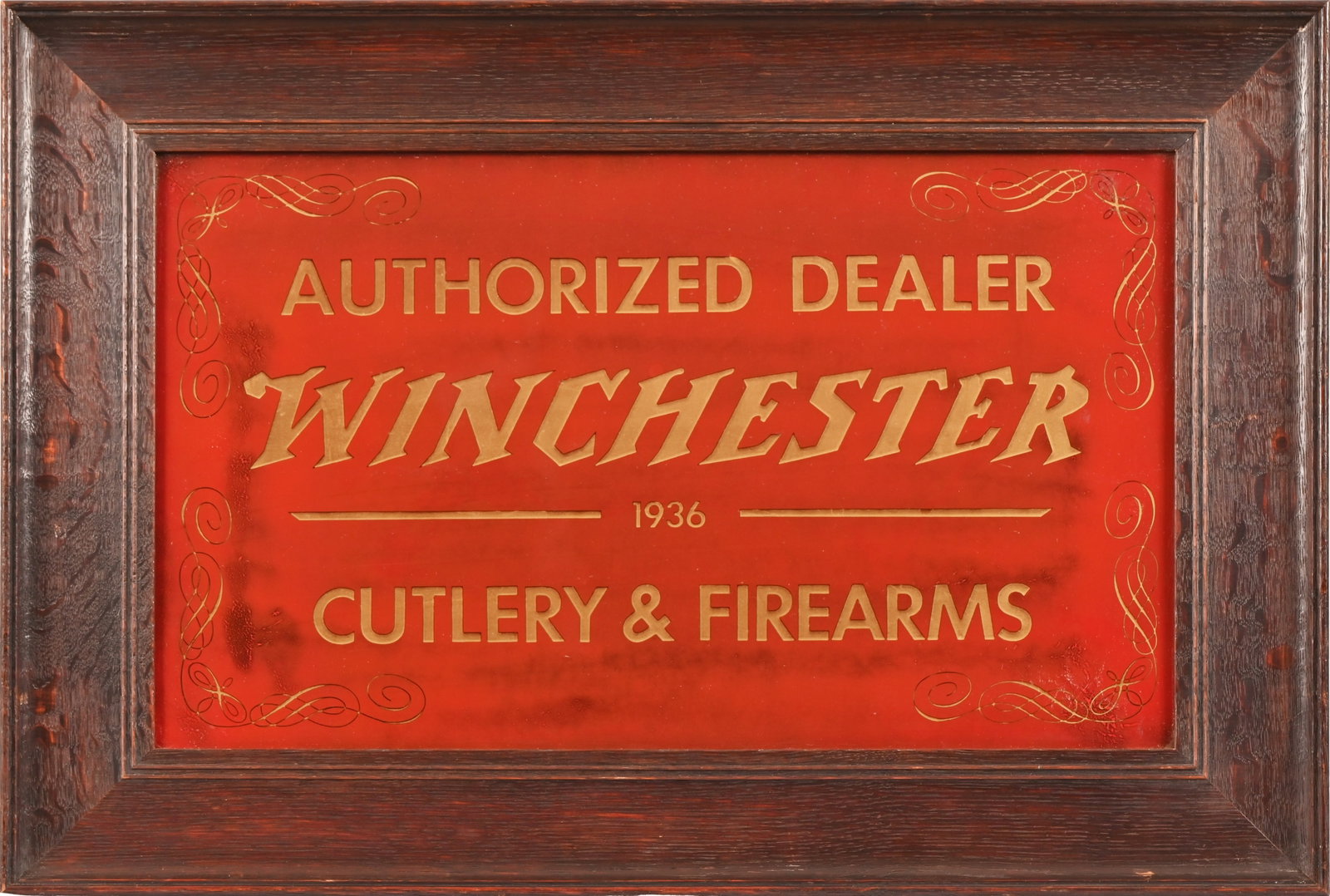 Winchester Dealer Reverse Glass Sign 1936: Original reverse glass 1936 Winchester dealer sign in original frame. Winchester began making cutlery in 1919 and ceased production around 1942. Measures 17.25" x 25.25"