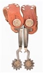 Bianchi Marked Mexican Coin Bottle-Opener Spurs: Marked on inside "G Bianchi 269". Shanks Bros marked leather straps with Mexican coin buttons, at straps and at rowels.