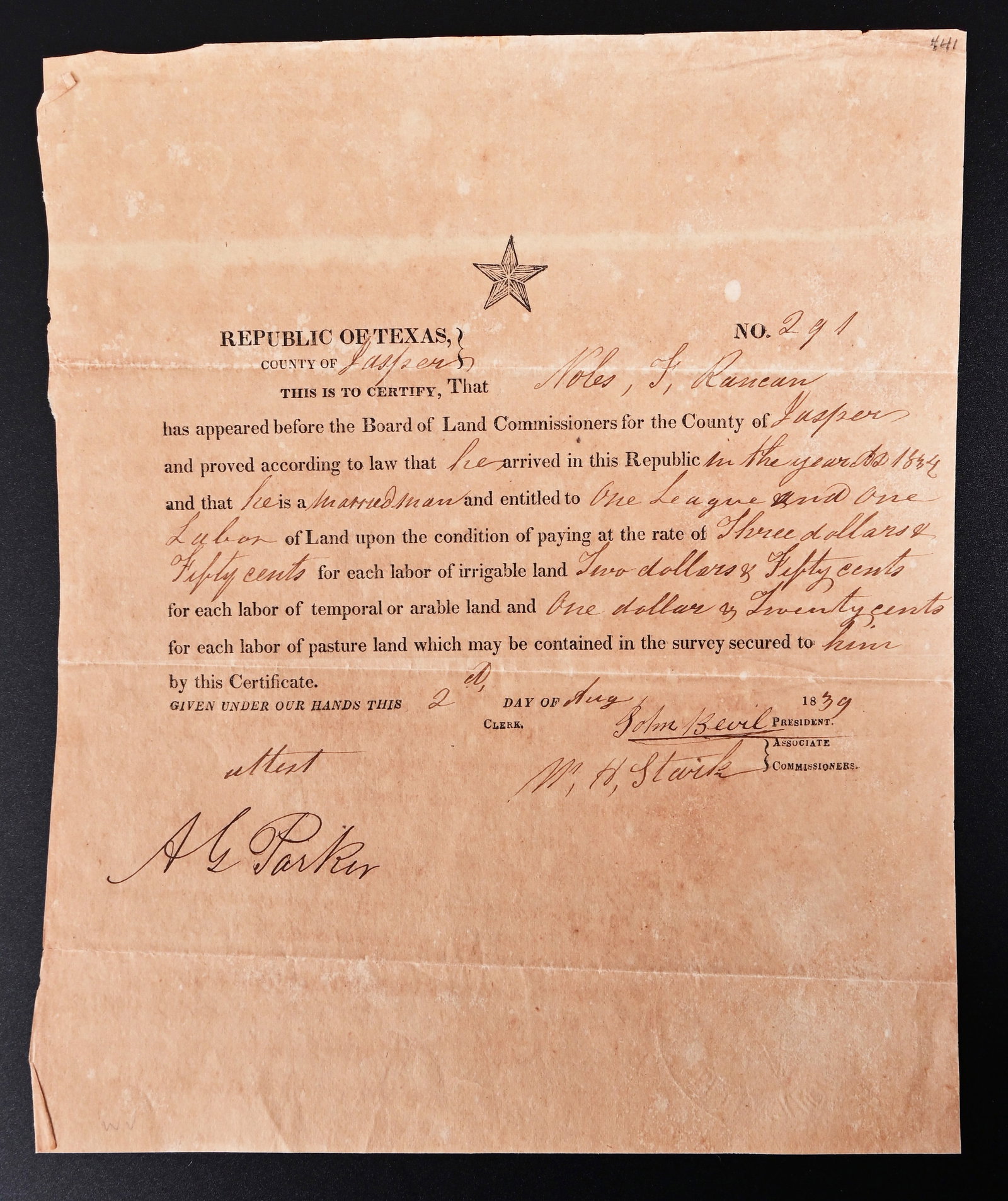 Republic Of Texas Jasper County Land Document: Republic of Texas, Jasper County Board of Land Commissioners document. Dated August 2, 1839.