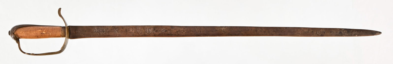 Spanish Colonial Espada Ancha Short Sword: Engraved brass guard over wood handle, 27" blade, overall length 32".