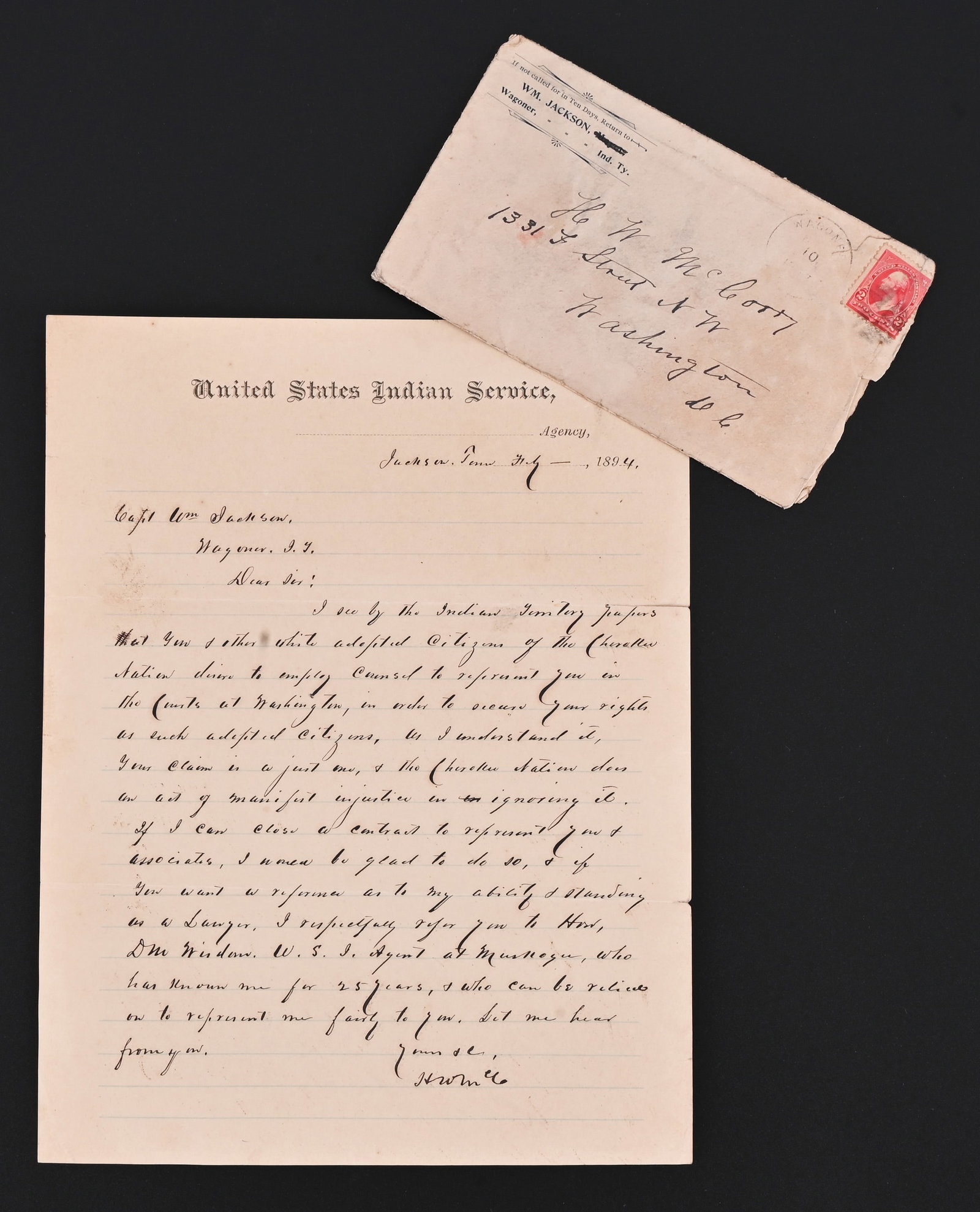 US Indian Agent 1894 Document: Addressed to Captain William Jackson, Indian Territory