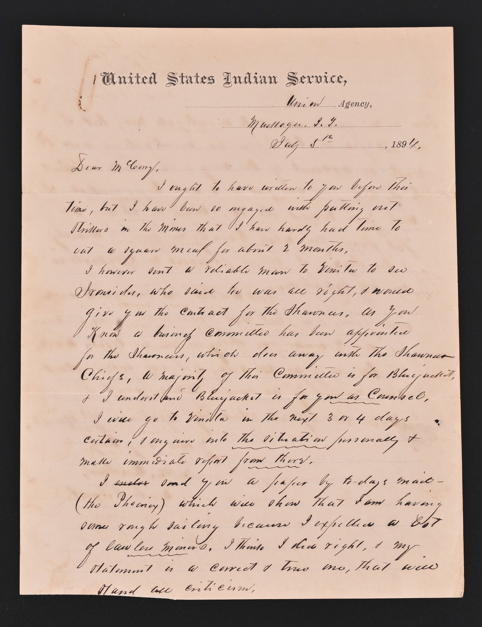 US Indian Agent Colonel D.M. Wisdom 1894 Document: United Stated Indian Service , Union Agency, Muskogee I.T. (Indian Territory). July 5th, 1894. In this U.S. Indian Agent Col. Dew Moore Wisdom writes to Judge Henry Woods McCorry (1845-1904) about tro