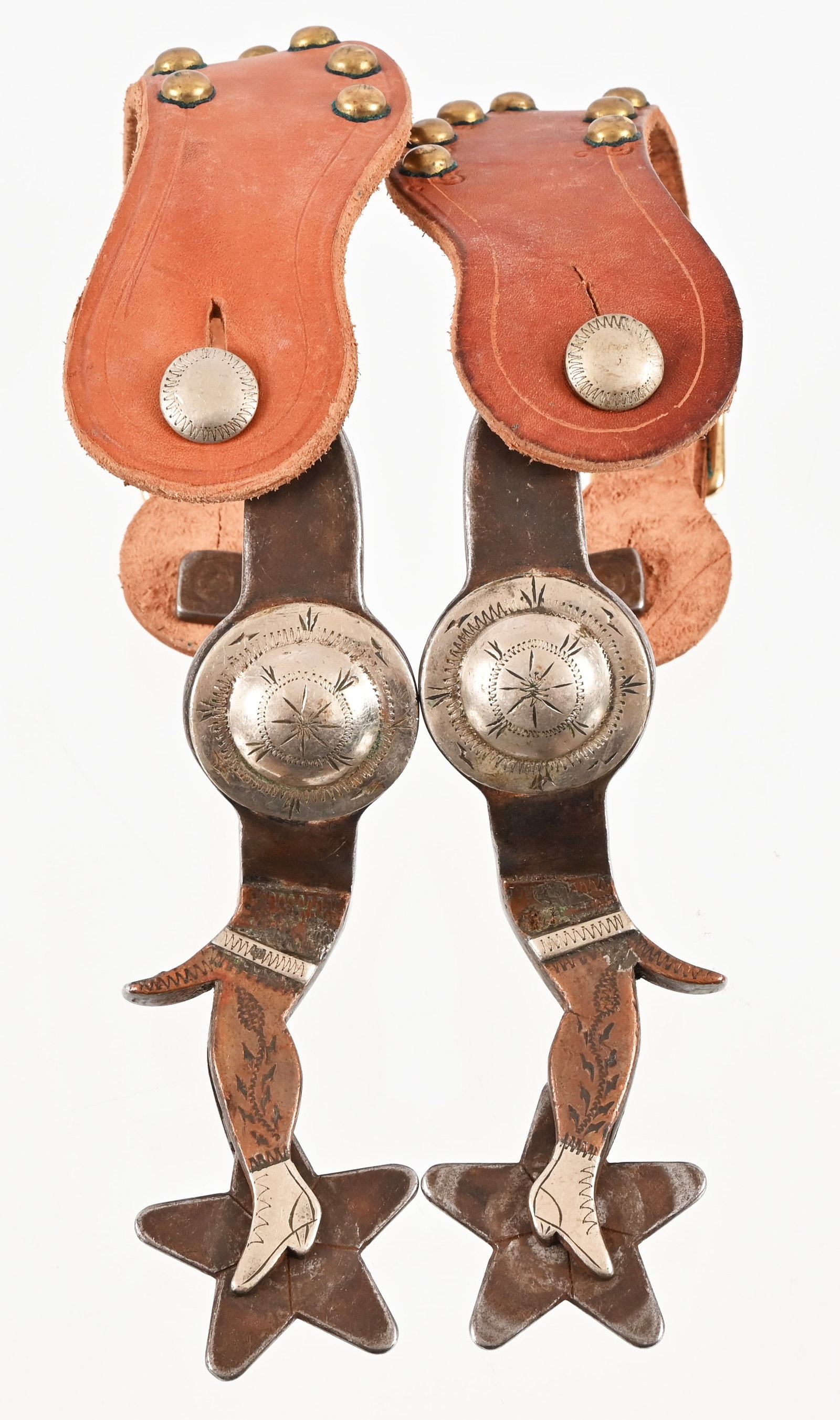 Carl Hall Marked Gal Leg Spurs: Silver & copper mounted gal-leg spurs. Shanks Bros straps.