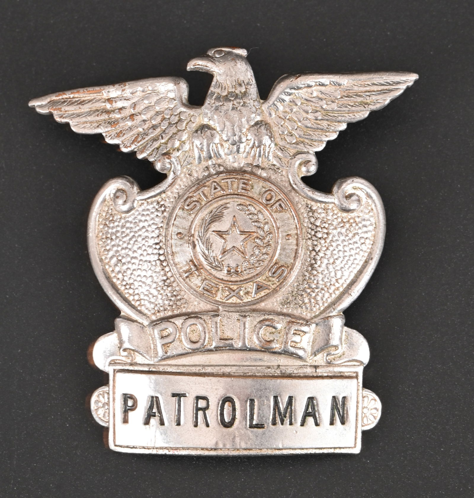 Texas State Police Patrolman Vintage Cap Badge: State of Texas Police Patrolman, measures 2.75" x 2.75"