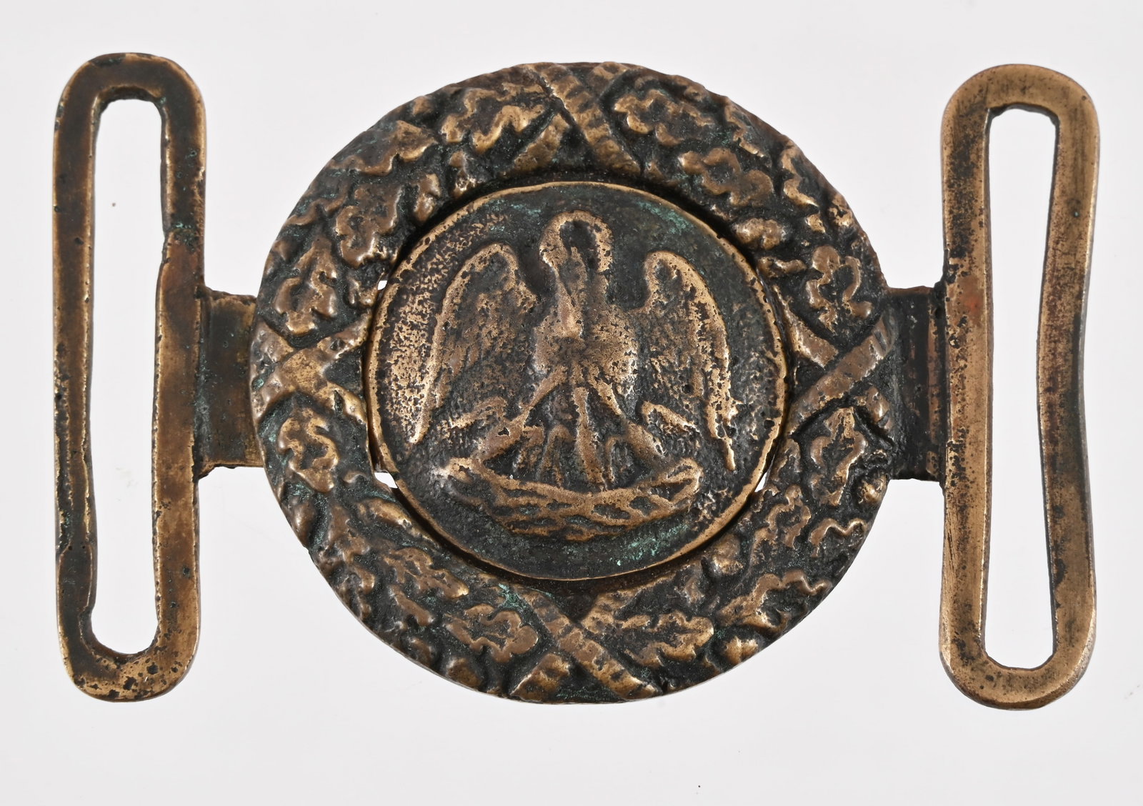 Confederate Civil War Louisiana Pelican Belt Plate: Circa 1861-1865, Scarce Louisiana State Militia two-piece sand cast belt plate with Pelican and Wreath. This belt plate has been featured in Sydney C. Kerksis book, "Plates and Buckles of the American