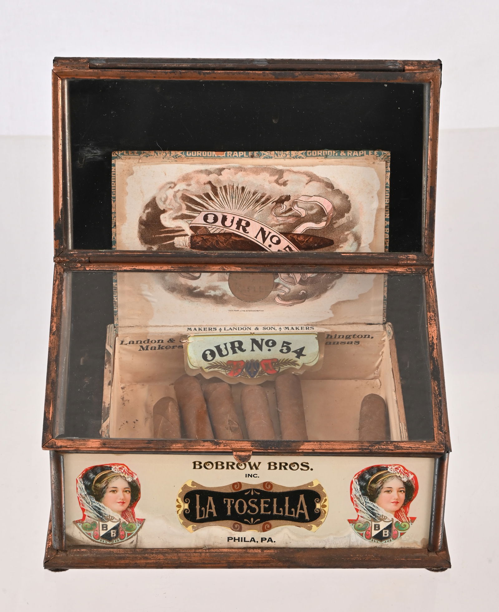 La Tosella Cigar Box Countertop Display: "Property of Bobrow Bros." on side of display case. Comes with Our No. 54 Cigar Box. Measures 10 1/2" x 10 1/2" x 9".