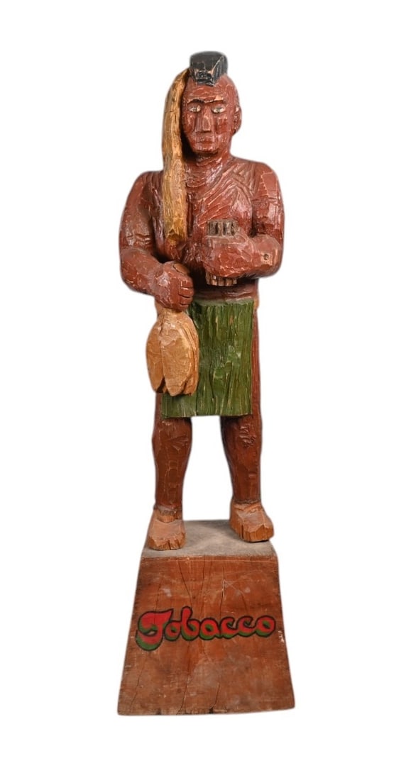 Carved Wooden Cigar Store Indian: Stands 6.5 foot tall. Does have some repair to left foot.
