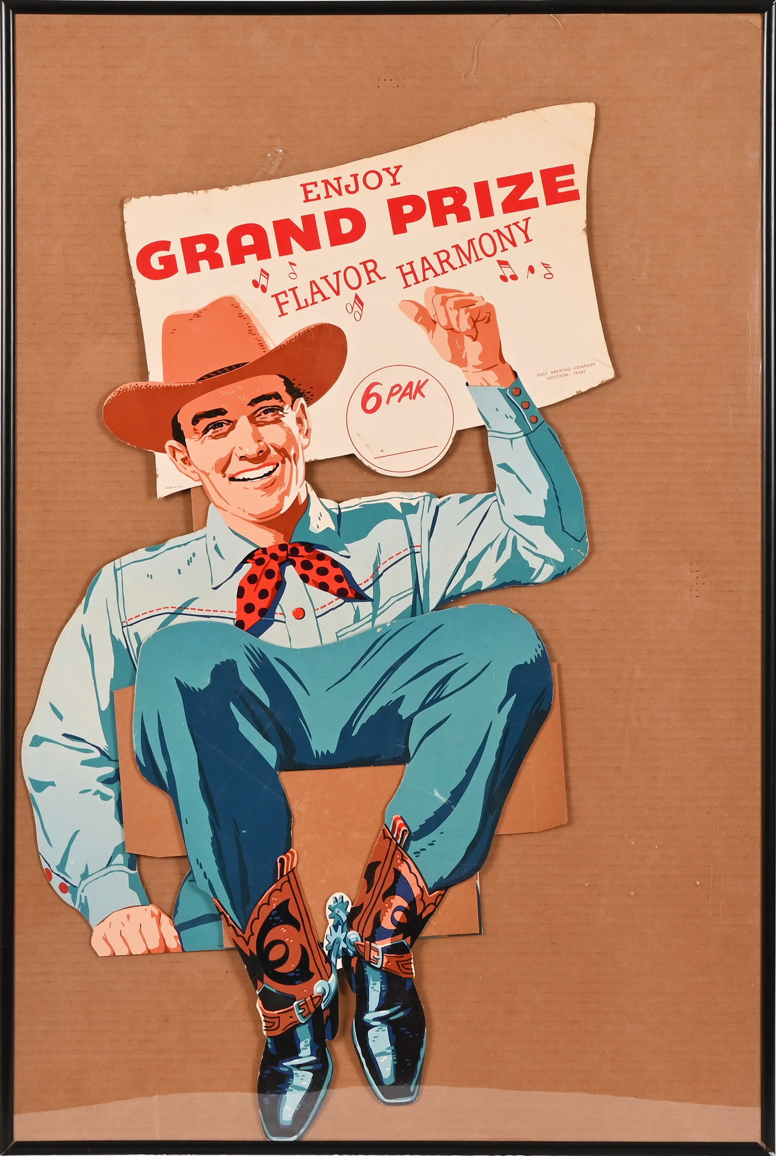 Grand Prize Beer Cowboy Die Cut Cardboard Ad: Scarce. Die cut fold out cowboy store display for Grand Prize Beer. 18" x 33"