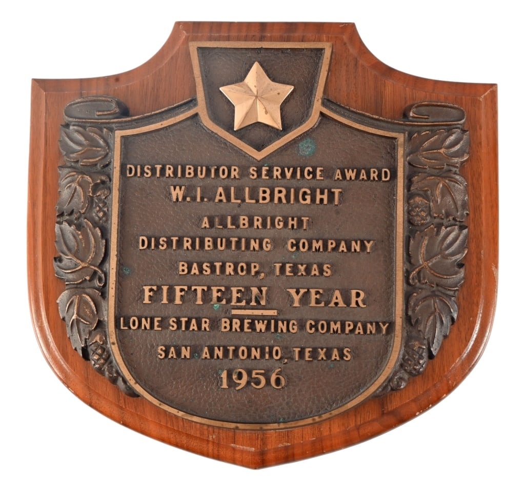 Lone Star Beer 1956 Bastrop Distributor Plaque: Commemorating 15 years of service with Lone Star Beer