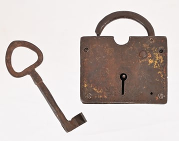 Spanish Colonial Hand Forged Iron Lock & Key