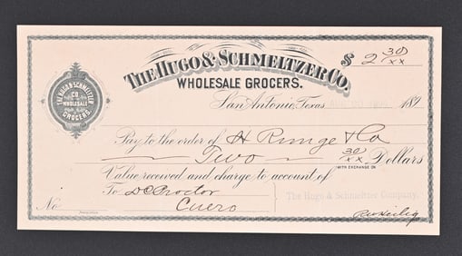 1895 Hugo & Schmeltzer, Alamo Plaza Grocer Receipt