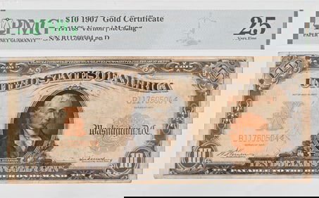 1907 $10 Gold Certificate PMG Graded VF25