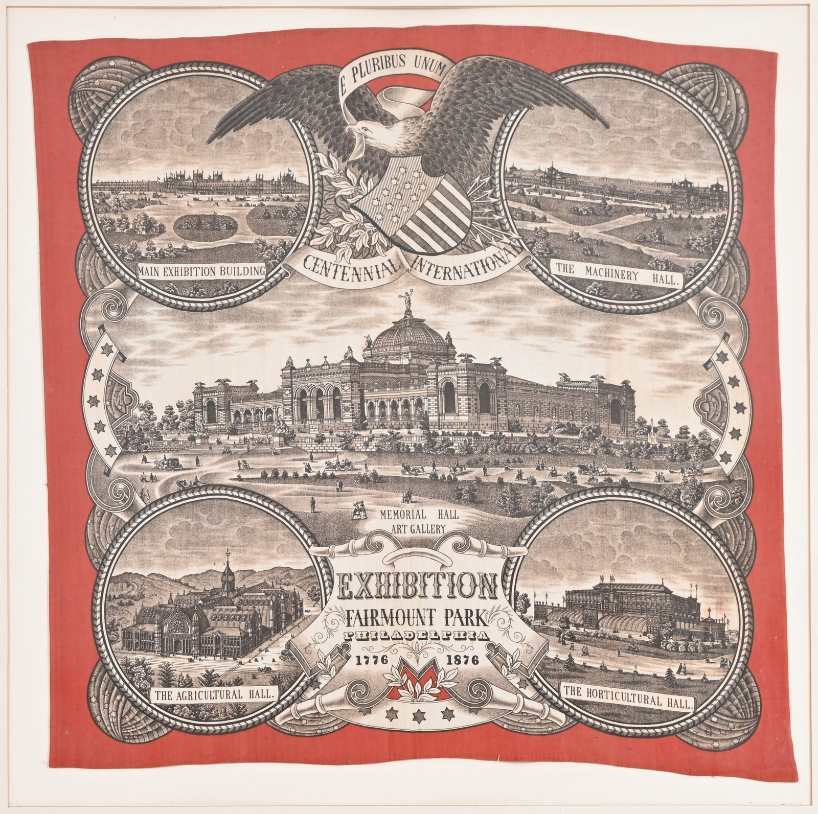 Antique 1876 Centennial Exposition Souvenir Linen: Centennial International Exposition, Fairmount Park, Philadelphia 1776-1876. Linen measures 25" x 26", framed 32" x 32" antique souvenir bandana, handkerchief, or scarf from the 1876 Philadelphia Worl