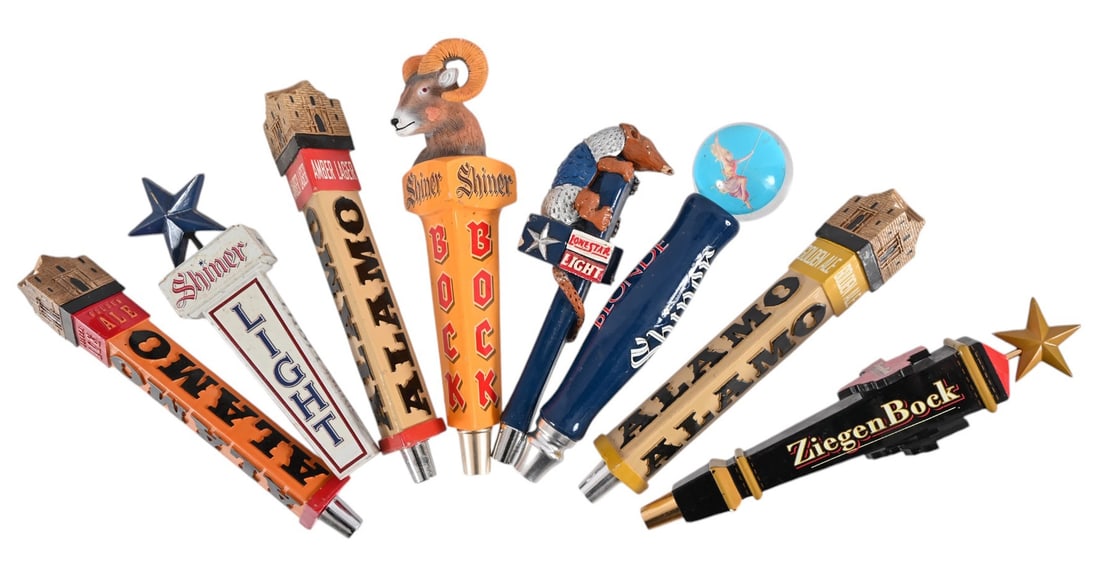 Collection Of (8) Texas Beer Taps: Alamo Amber Lager, (2) Alamo Golden Ale, Shiner Bock, Shiner Blonde, Shiner Light, ZiegenBock and Lone Star Armadillo tap.