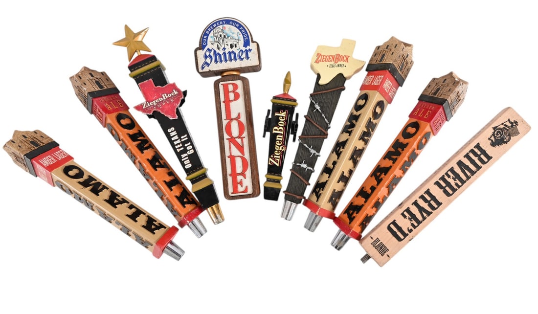 Collection Of (9) Texas Beer Taps: (2 )Alamo Amber Lager, (2) Alamo Golden Ale, Shiner Blonde, (3) ZiegenBock and River Rye'd Blonde by Guadalupe Brewing Company