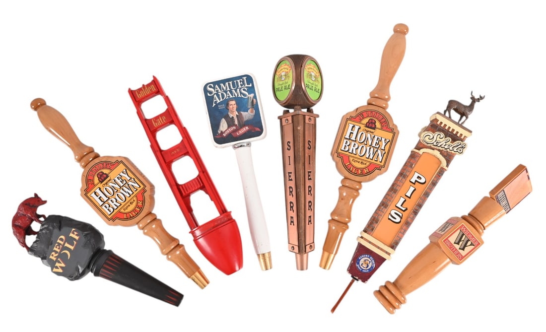 Collection Of (8) Beer Taps: Golden Gate Ale, (2) Honey Brown, Samuel Adams, Sierra Nevada Pale Ale, Red Wolf, Widmer Brothers Hefeweizen and Schell's Pils.