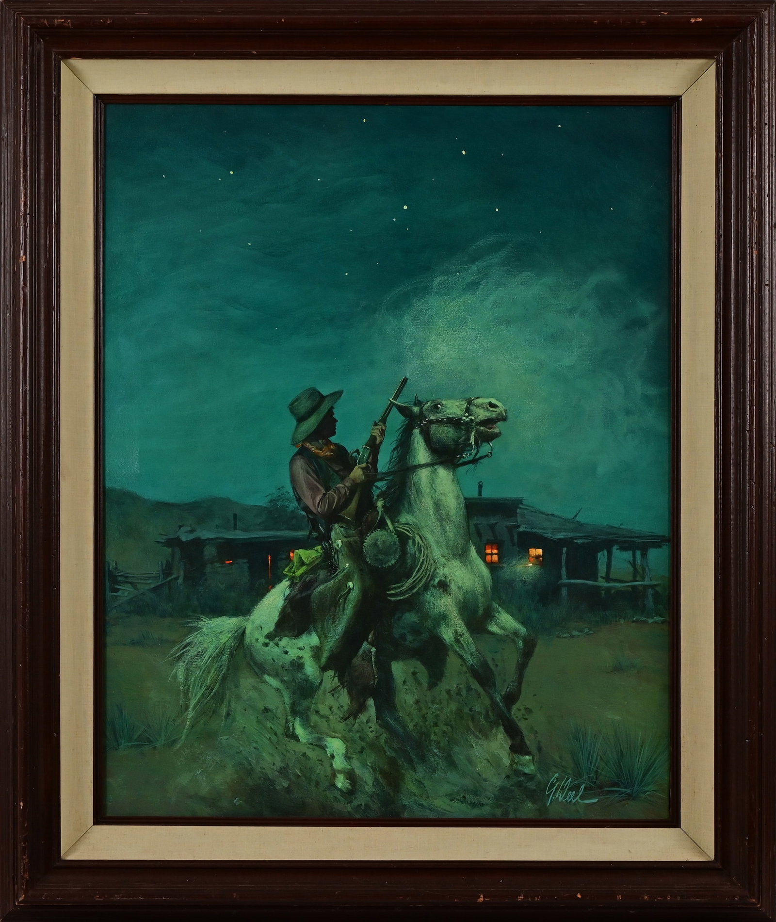 "The Rio Hondo Kid" Guy Deel Original Painting: "Fired On", Original cover art by Guy Deel for J.T. Edson's pulp western novel, "The Rio Hondo Kid". mixed media on canvas 24x30. Frame measures 32.5 x 38.5