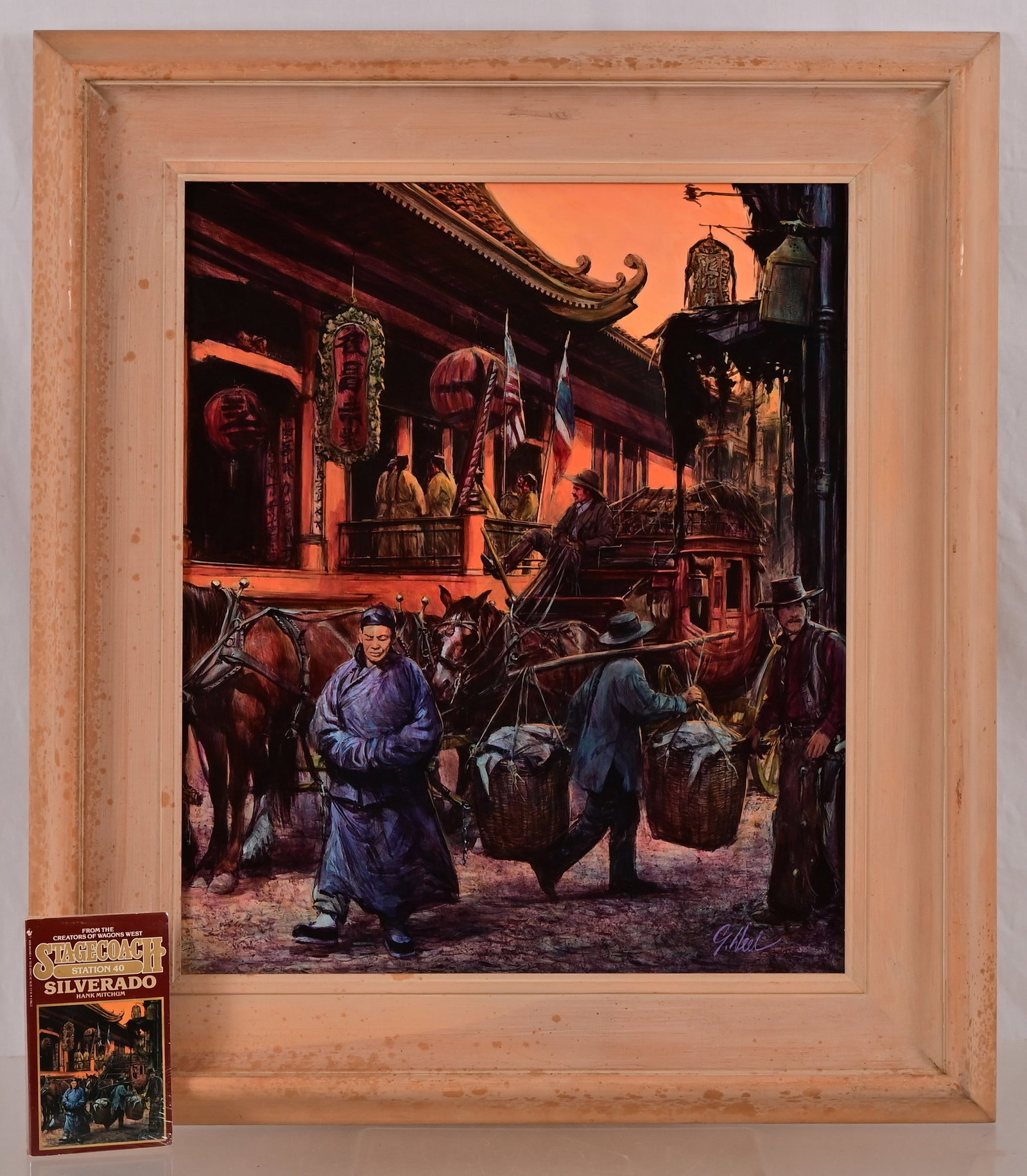 "Stagecoach Station Silverado" Guy Deel Painting: Framed mixed media on board. Titled "Chinatown Stage Stop". Commissioned by Bantam Books. Also comes with a paperback copy of "Stagecoach Station Silverado" book by Hank Mitchum. Image measures 20" x 