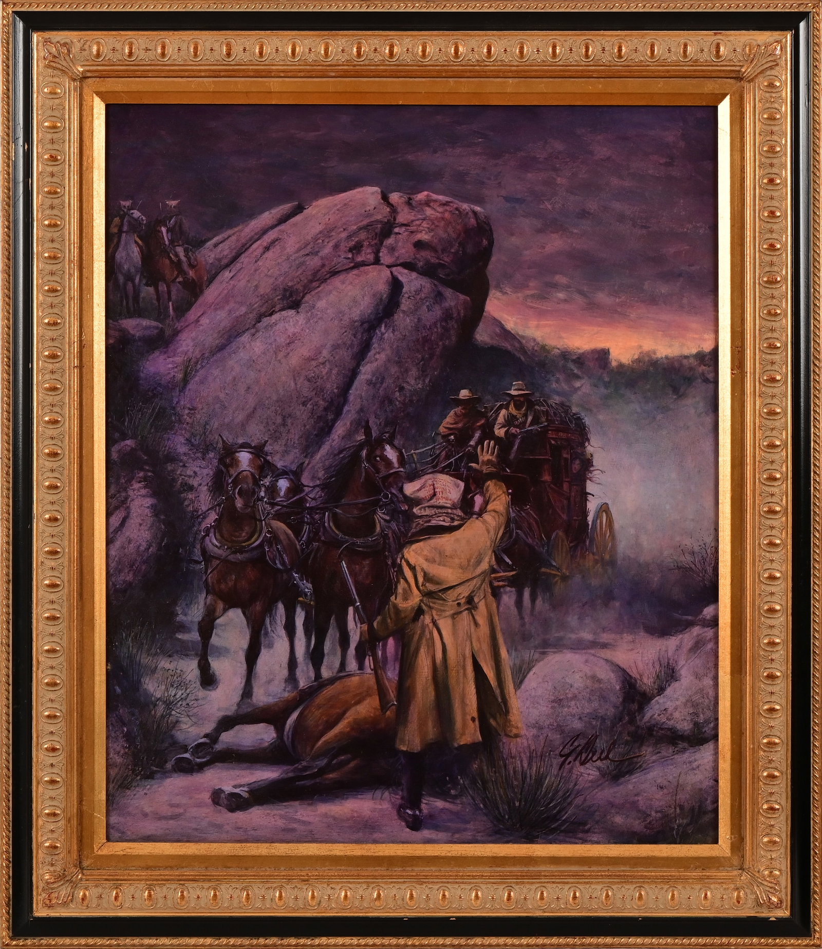 "The Highway Man" Guy Deel Original Painting: Original painting used for the cover of Hank Mitchum's pulp western novel "Presidio" (Stagecoach Station, No. 45). Oil on board 20x24, frame measures