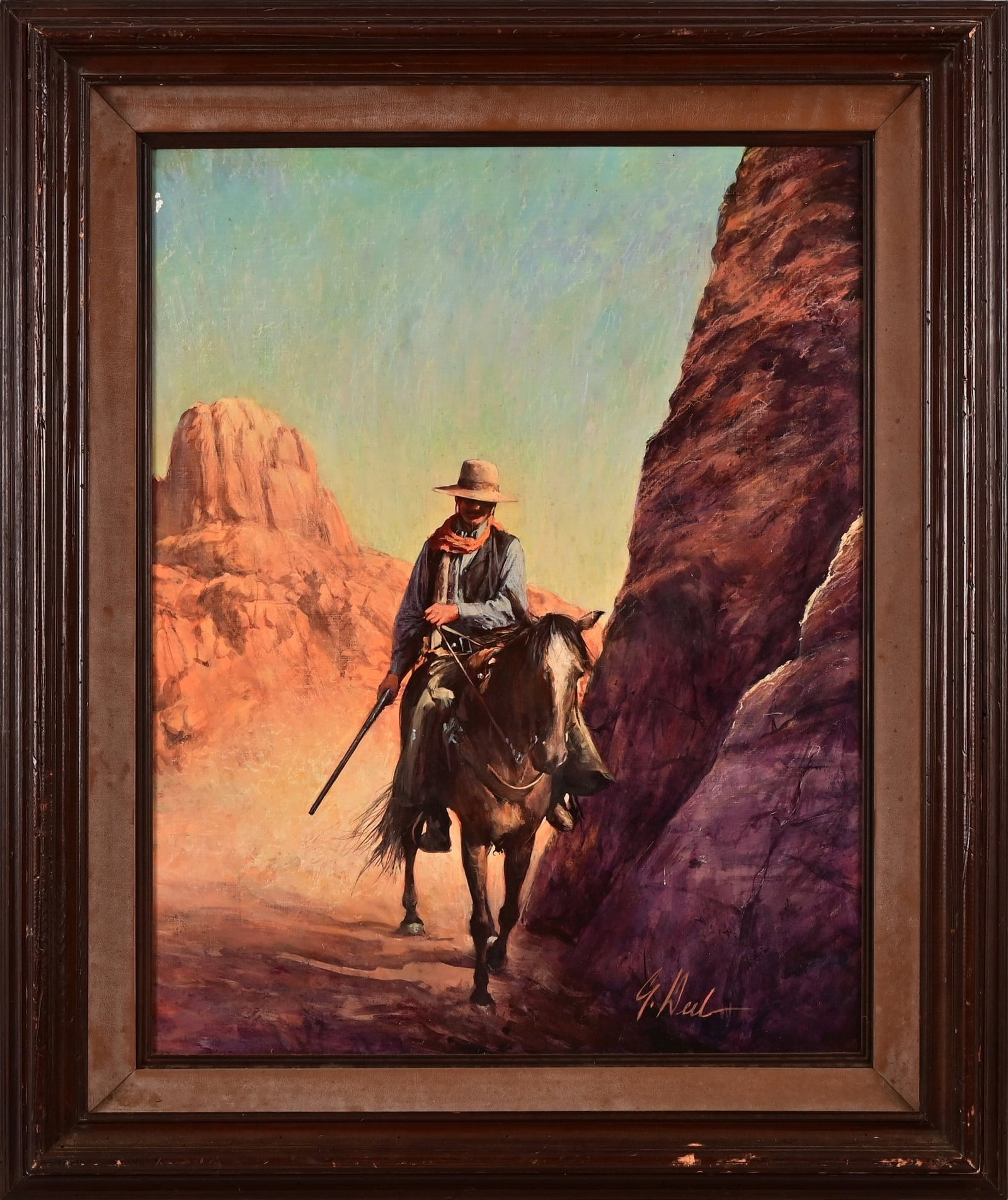 "Lone Rider" Guy Deel Original Painting: Framed mixed media on board, original art for book "Terror Valley" by J.T. Edson, as written by Deel on reverse. Image measures 22" x 28". Frame measures 30 3/4" x 36 3/4".