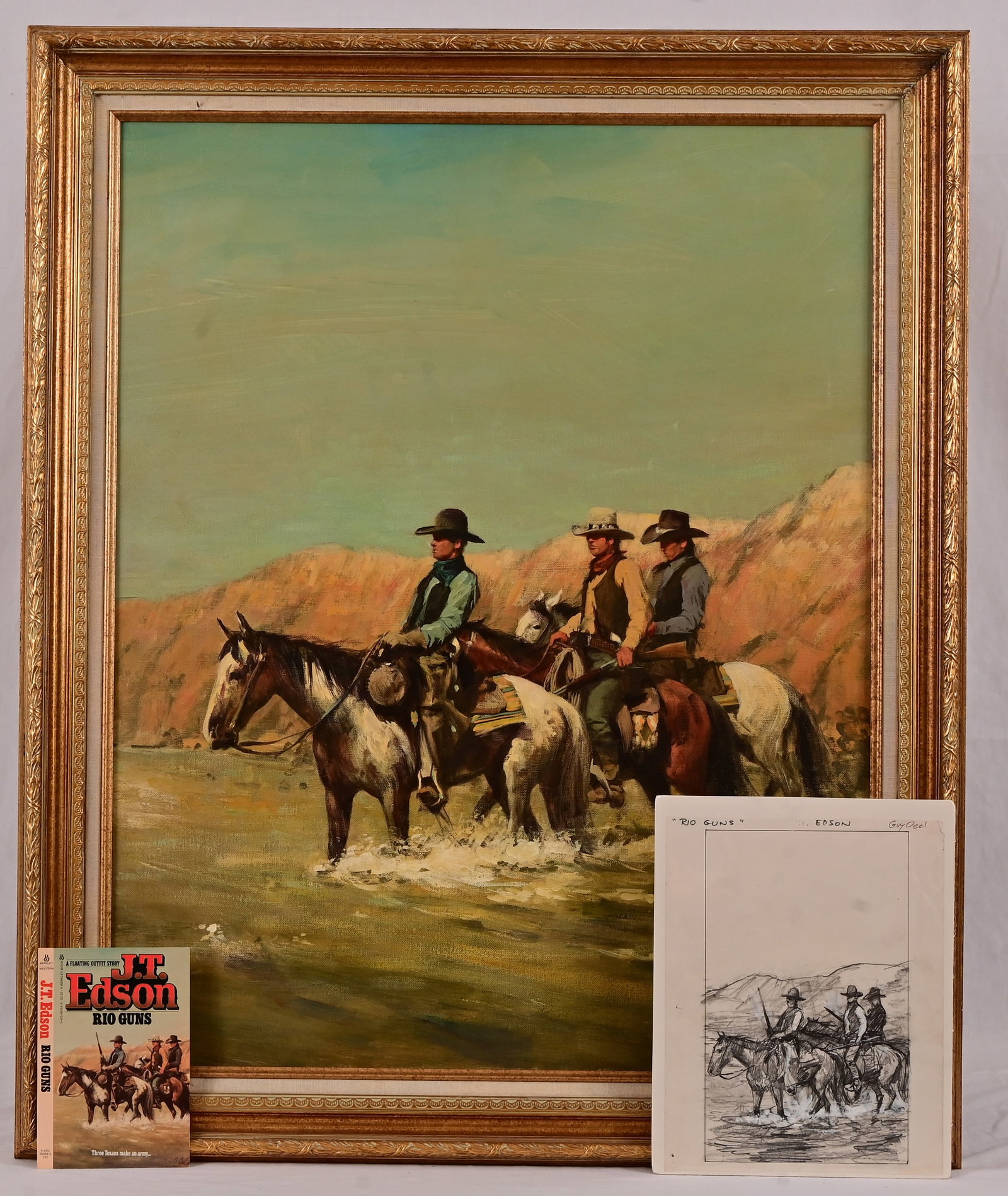 "Rio Guns", Guy Deel Original Oil Painting: Original cover art by Guy Deel for J.T. Edson's pulp western novel, "Rio Guns". Oil on canvas 24x30. Includes smaller original sketch for same novel on backside.