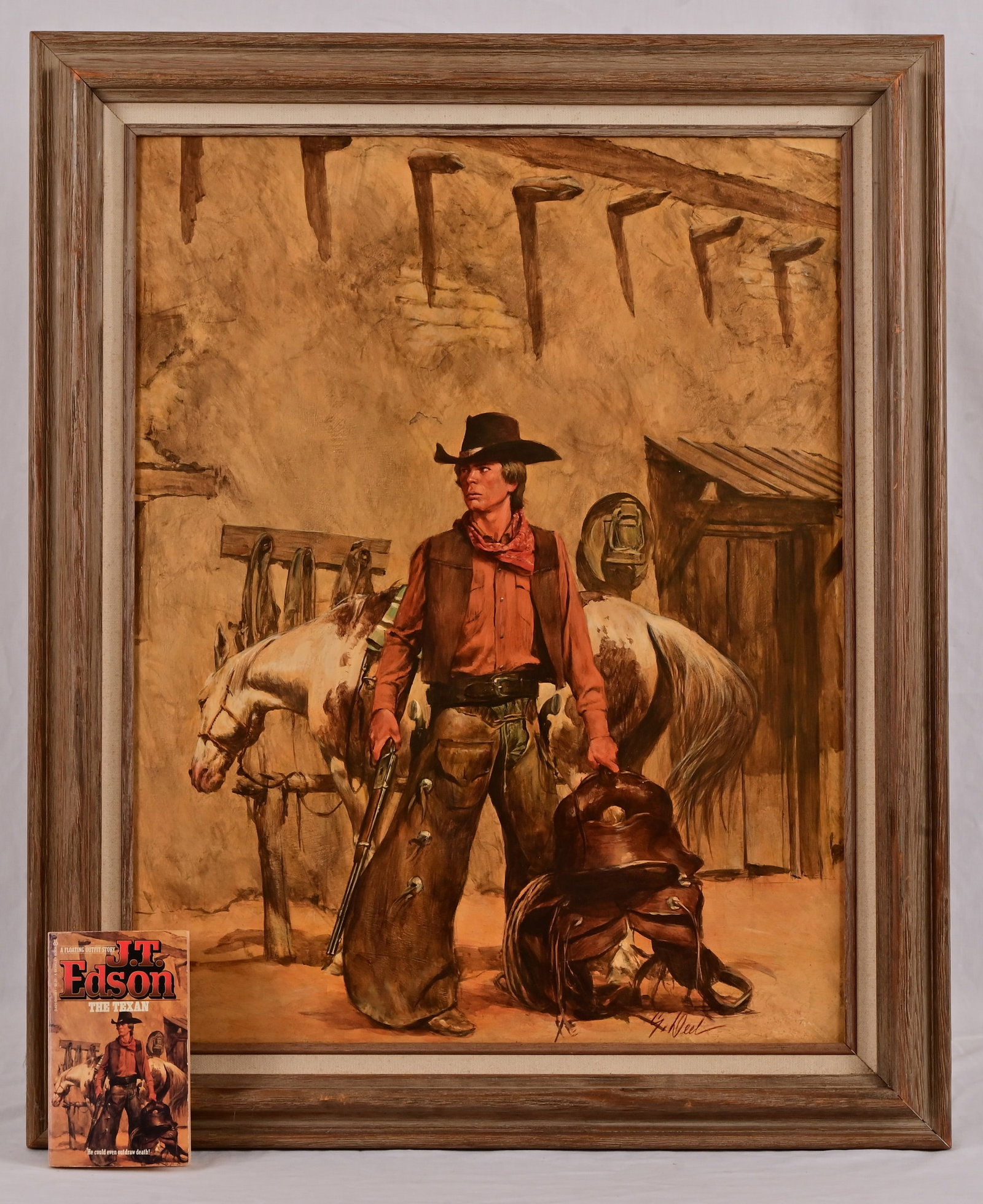 "The Texan", Guy Deel Original Oil Painting: Original oil painting by Guy Deel, used for the cover of "The Texan", by J.T. Edson. Also comes with paperback copy of "The Texan". Oil on board .Painting measures 22x28. Frame measures 27 7/8" x 33 7