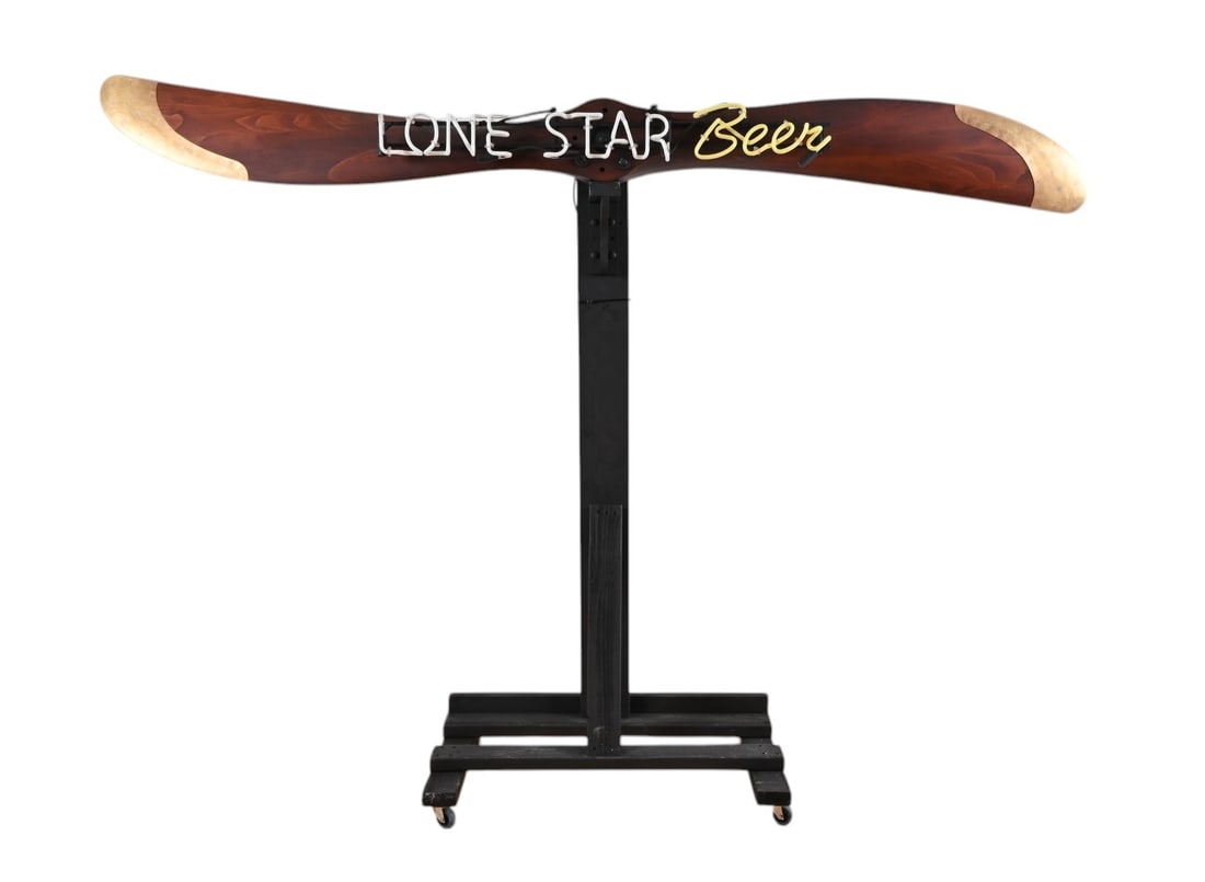 Lone Star Beer Propeller Neon Tribute Recreation: Lone Star Beer neon over WW1 Curtiss "Jenny" reproduction propeller. Quality reproduction of a Paragon WWI p right hand propeller with brass tips, commonly used on the Curtiss J4-N "Jenny aircraft. Fi