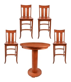 Custom Amish Oak Bar Table & Four Bar Stools