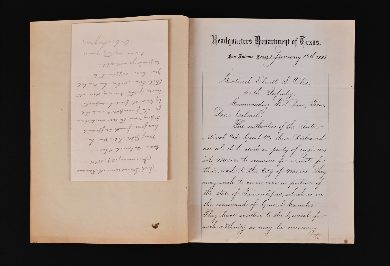 Brig. General Augur 1881 San Antonio Texas Letter: Headquarters Department of Texas, San Antonio, Texas letterhead, dated January 12th, 1881; Brigadier General Christopher Columbus Augur writes: "Colonel Elwell S. Otis, 20th Infantry Commanding Fort B