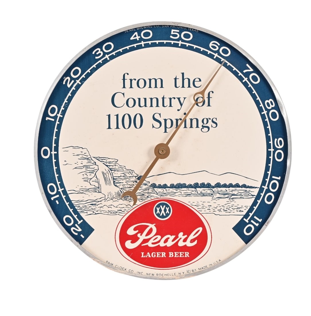 Pearl Beer Vintage Pam Advertising Thermometer: Missing glass, otherwise good condition 12" diameter.