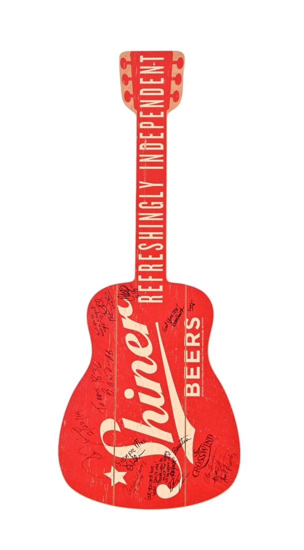Texas Governor Rick Perry Signed Shiner Beer Sign: Shiner Beer wooden guitar advertising sign. Signed by Rick Perry in 2014. Measures 18.5" x 47.5"
