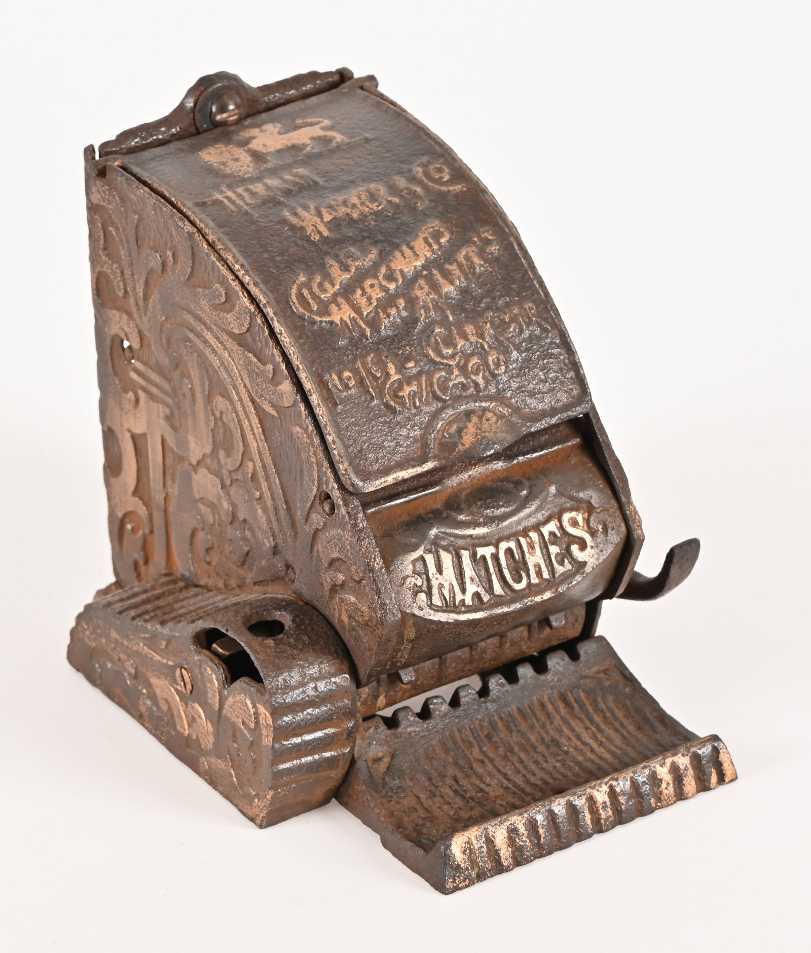 Antique Cigar Cutter, Match Dispenser: Herman Warner & Co. Cigar Merchants and Manufacturers. Top compartment housed cigars, the lever action dispenses matches while simultaneously operating cigar cutter. Would have sat upon an oak trade s