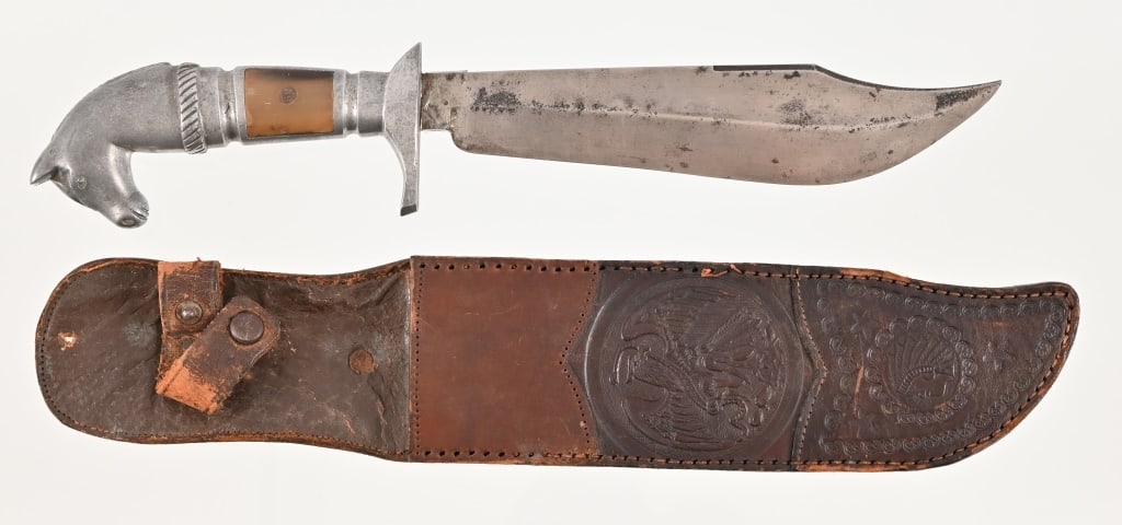 Antique Horse Head Mexican Fighting Knife: Marked F.P. Perez Made in Mexico. Horn handle and tooled leather sheath. 7 3/8" blade with 4 7/8" handle.