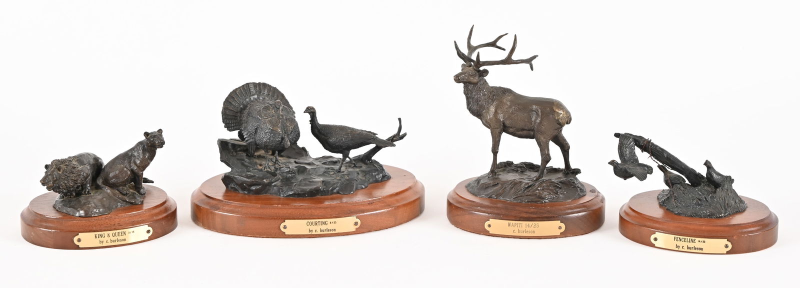 Collection Of (4) Wildlife Bronzes By C. Burleson: Texas artist Cindy Burleson limited edition all on wood base. "Courting" 6/25 measures 6" x 4" x 3". "Fenceline" 14/25 measures 3 5/8" x 3" x 2 1/4". King & Queen 3/15 measures 3 5/8" x 3" x 2 1/2" .