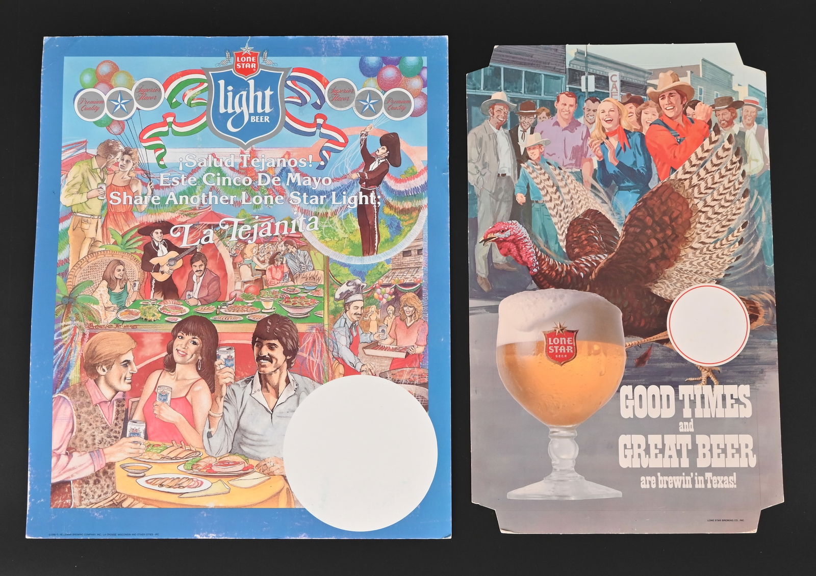(2) Lone Star Beer Cardboard Advertising Signs: Pair of Lone Star Beer easel-back cardboard advertising signs; La Tejanita 14x17; Turkey 10.25x16.5