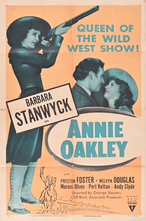 Annie Oakley Full Sheet Movie Poster: Starring Barbara Stanwyck. Measures 27" x 41". Has 4 1/2" tear in lower right and some small holes. R52/400.