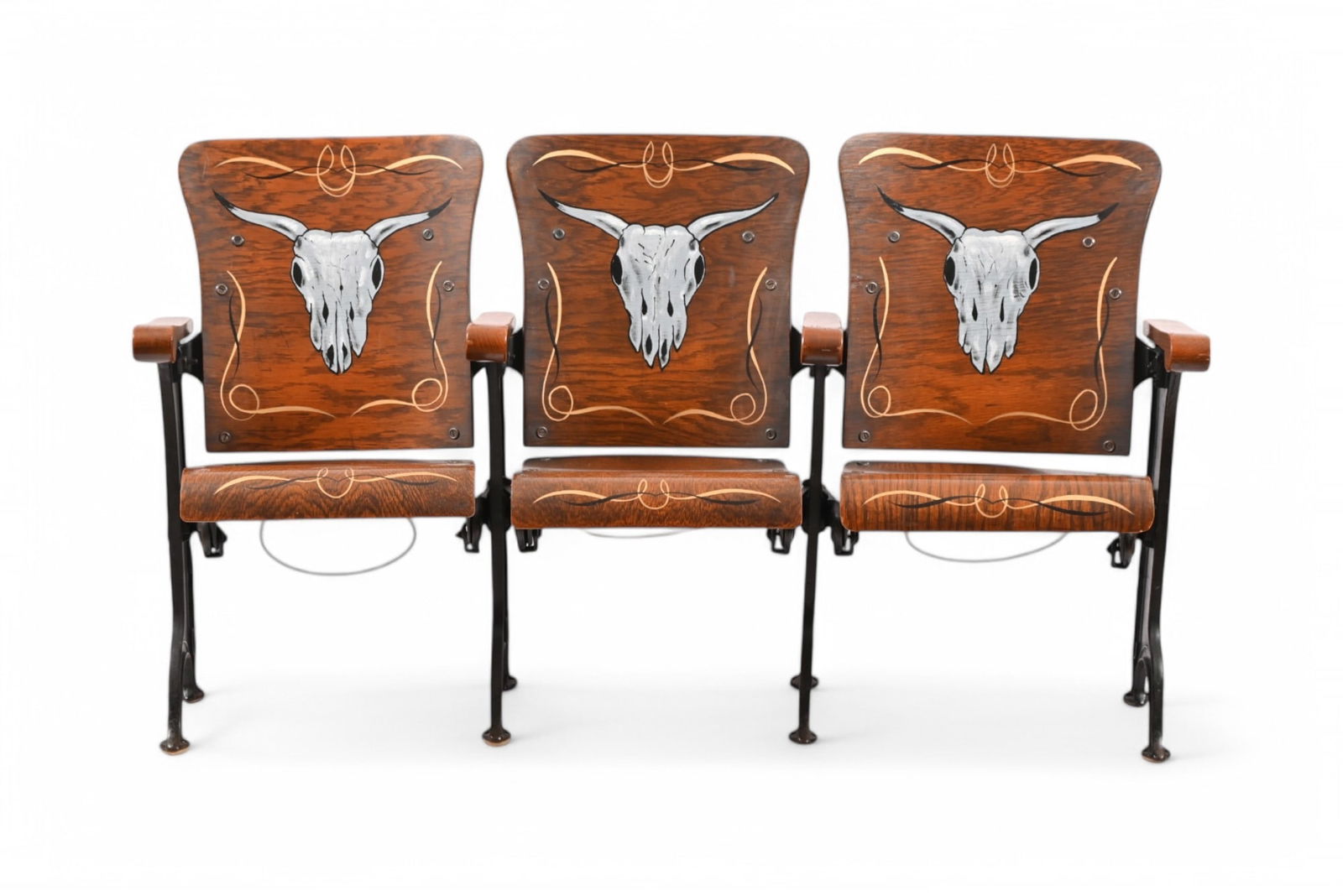 Longhorn Hand-Painted Vintage Theater Seats: Very nicely done hand-painted with longhorns and pin-striping. Wood folding theater seats with metal base. Hat holder under each seat, and wood cubby on seat backs. Measures approximately 60.5" x 33.5