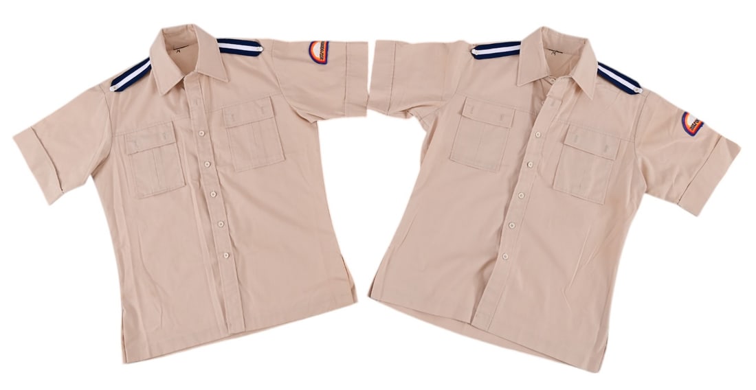 (2) Vintage Houston Astrodome Employee Shirts: Two (2) Astrodome worker’s shirts. Vintage, khaki with blue trim. Has Astrodome embroidered patch on sleeve.