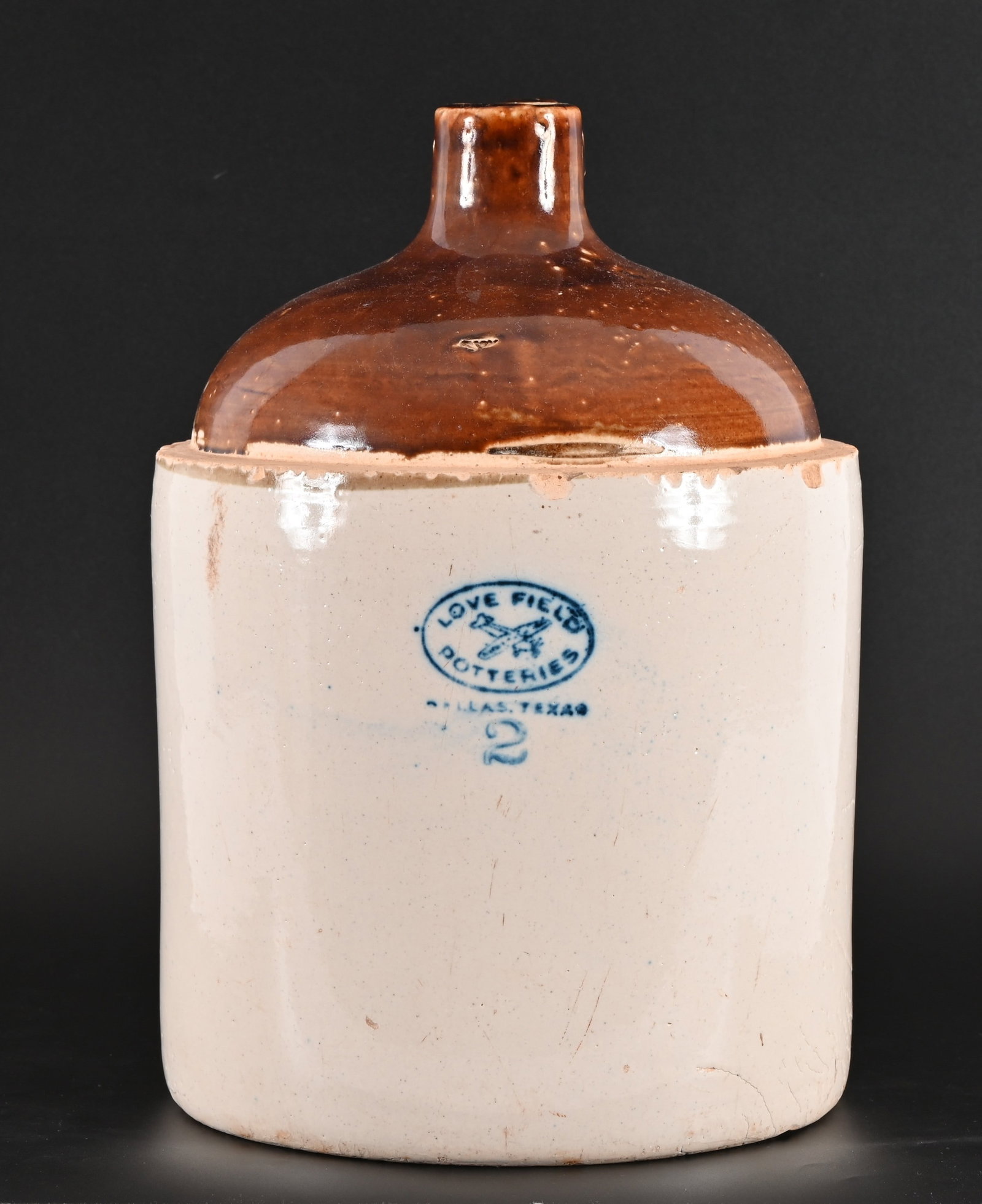 Love Field Potteries Dallas Texas Whiskey Jug: Love Field Potteries, Dallas, Texas 2 Gal.