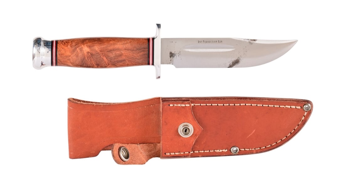 Bark River Knife & Tool Co. Hunting Knife: Fixed Blade Knife, Bark River, approx 5” blade. With leather sheath. Like new condition.